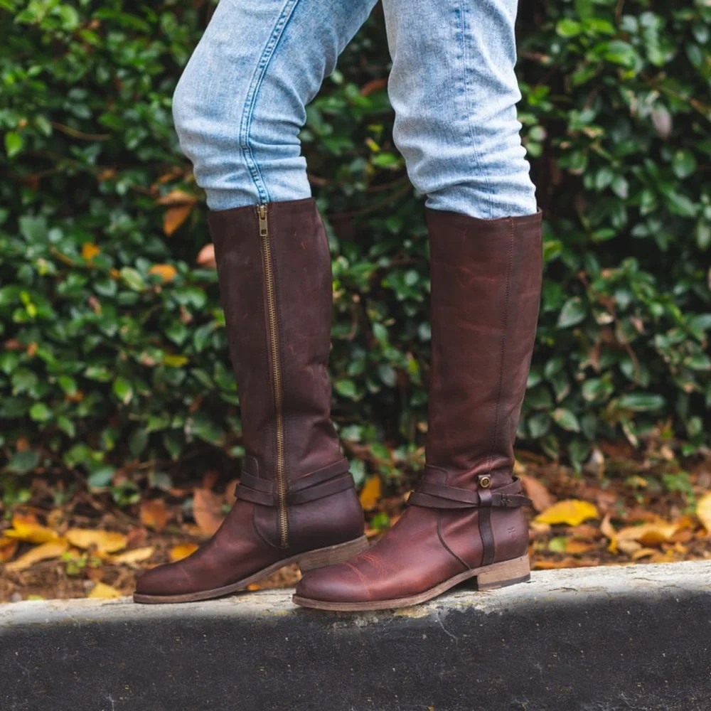 $398 Frye Melissa Belted Brown Fall Knee High Tall Genuine Leather Riding Boots